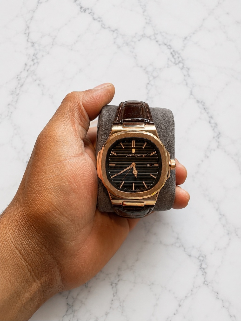 Rose Gold Case Brown Leather Strap Men's Watch - Black Dial